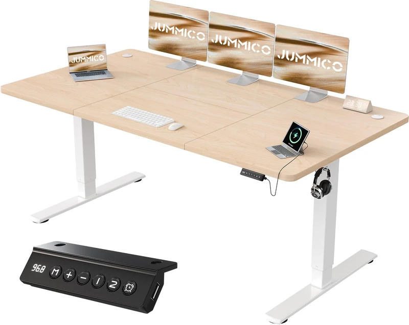 JUMMICO 180x80cm Electric Standing Desk with USB Charging Height Adjustable Desk with Sedentary Reminder Stand Up Desk with Splice Board for Home Office,Beige