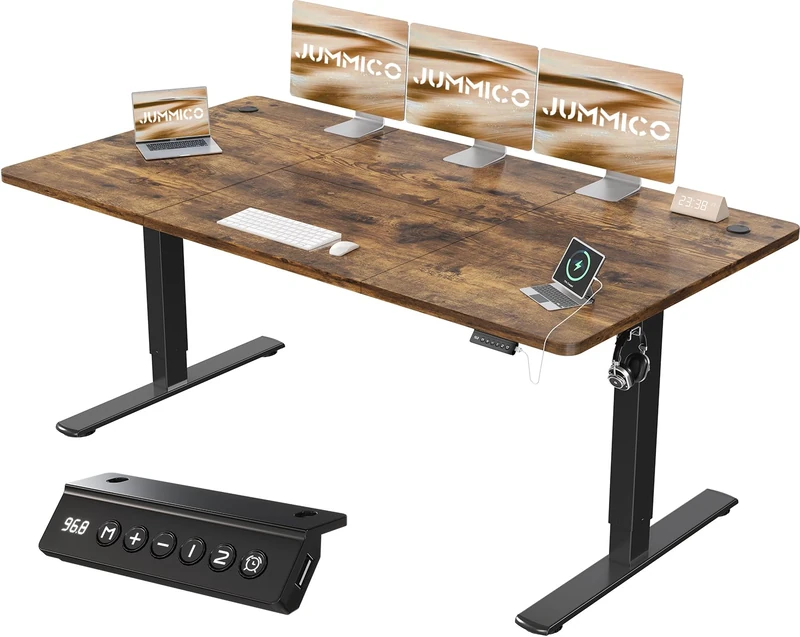 JUMMICO 180x80cm Electric Standing Desk with USB Charging Height Adjustable Desk with Sedentary Reminder Stand Up Desk with Splice Board for Home Office,Rustic Brown