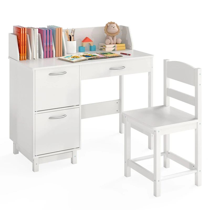 GYMAX Kids Desk and Chair Set, Wooden Children Study Table with 2 Storage Cabinets, Drawer, Tabletop Bookshelf & Anti-Toppling Device, Toddler Writing Desk Set for Boys Girls (White)