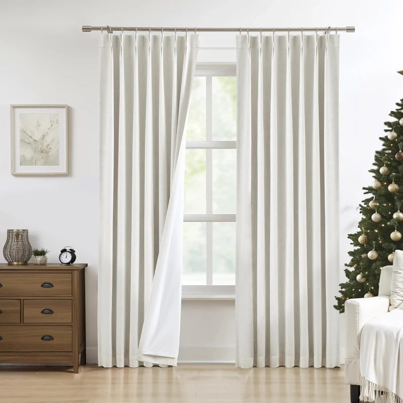 Pinch Pleat Blackout Curtains, Linen Textured Thermal Insulated Curtains with Full Blackout Liner, Hidden Loop 9 Hooks for Living Room, Bedroom, Set of 2, 40" W x 95" L, Natural, Set of 2