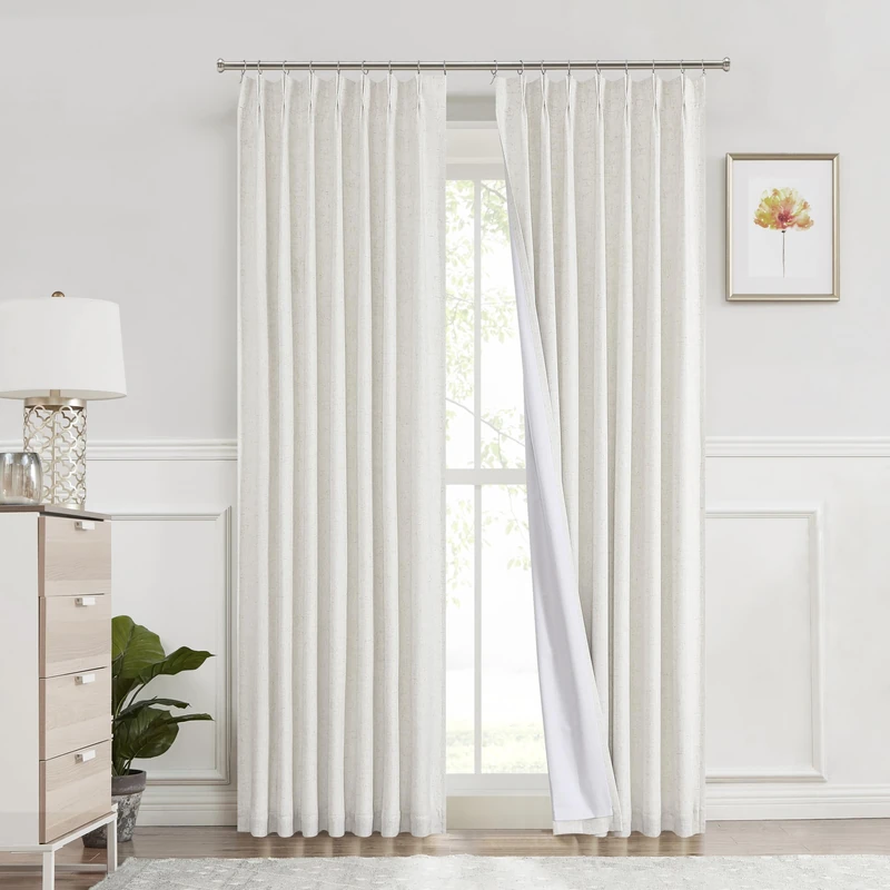 Pinch Pleat Full Blackout Curtain Panel Linen Texture Thermal Insulated Drapery with Full Blackout Liner for Farmhouse Bedroom Window Treatment Sets with Hooks, Natural, 40"x108"x2