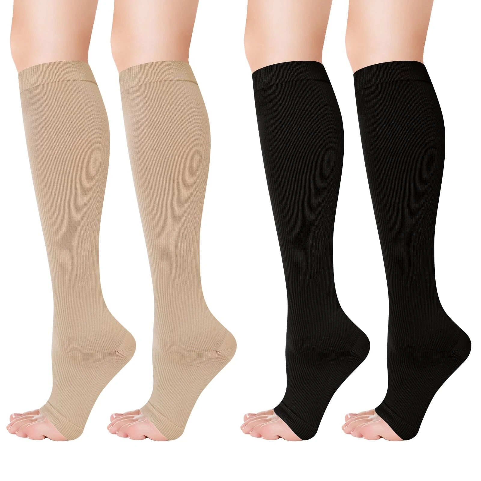 umorismo 2 Pair Flight Compression Socks Toeless Support Socks Open Toe Compression Stockings Calf Pressure Socks for Women Ladies Maternity Pregnancy Flying Travel Work Long Haul Flight