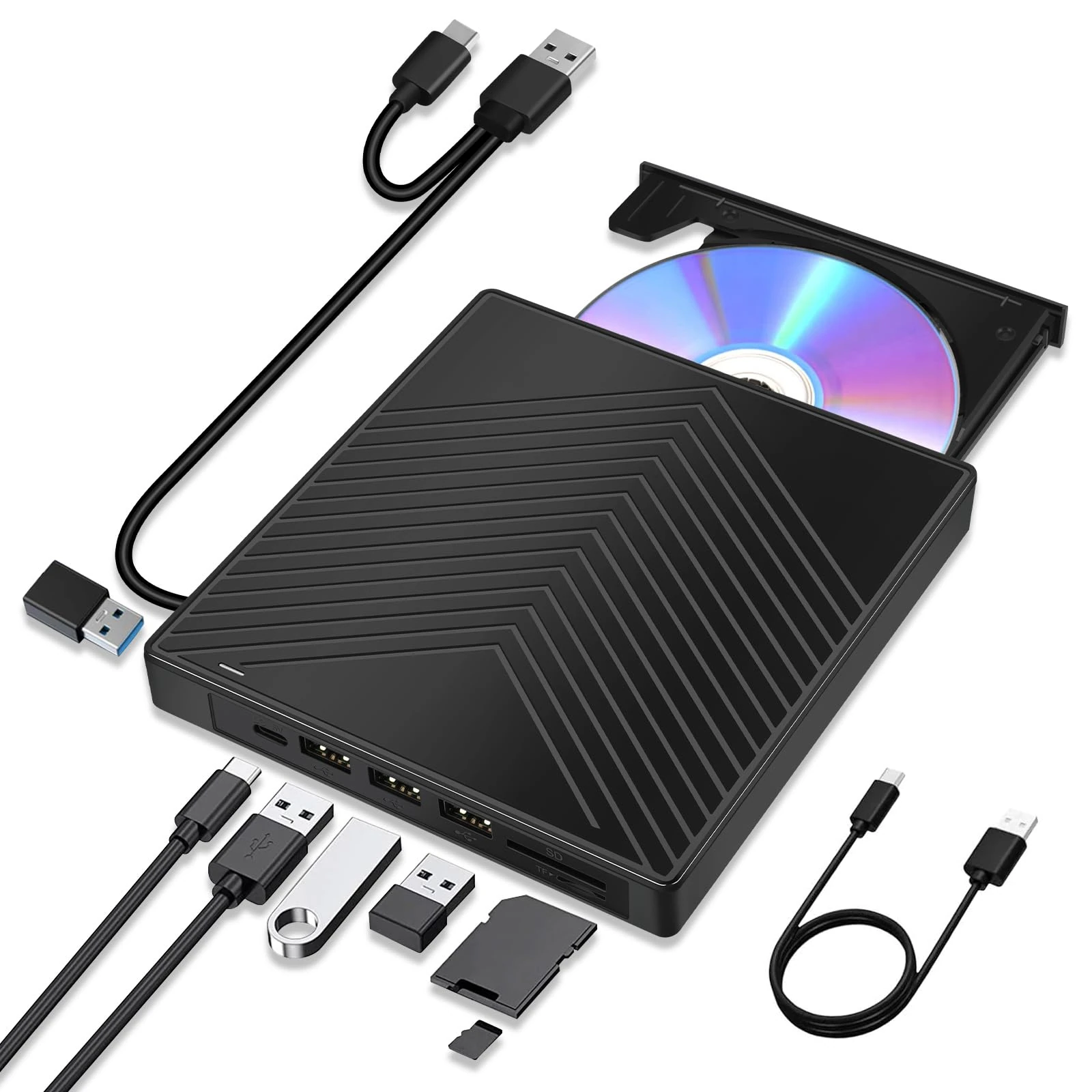 7 in 1 External CD DVD Drive for laptop Windows 11 10, USB 3.0 and Type-C Portable CD DVD +/-RW ROM Drive Reader Burner Rewriter with SD/TF Slot,4 USB & USB-C Port, Slim DVD Player for Linux, Mac OS