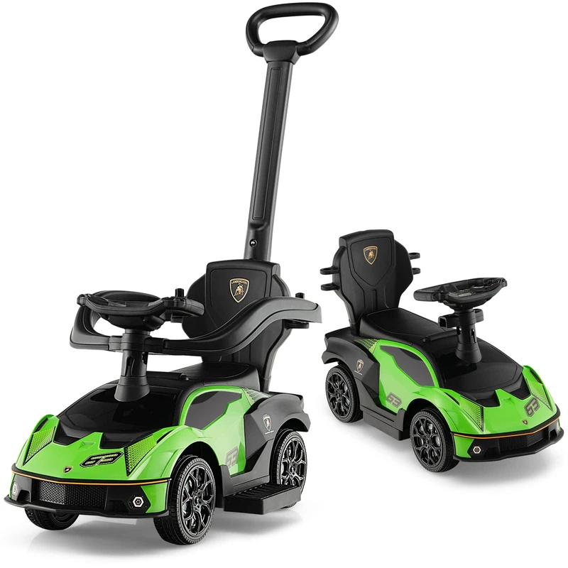 GYMAX 3 in 1 Kids Ride on Push Car, Licensed Lamborghini Push Along Car with Handle, Guardrails, Horn & Sound, Storage, Toddler Sliding Toy for 1-3 Years Old Boys Girls (Green)