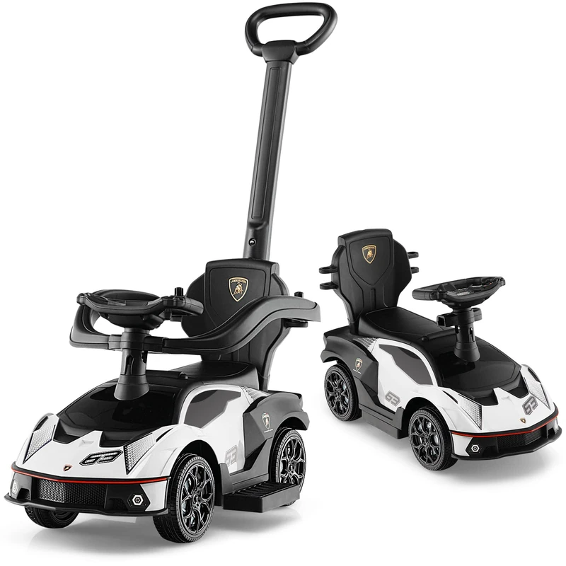 GYMAX 3 in 1 Kids Ride on Push Car, Licensed Lamborghini Push Along Car with Handle, Guardrails, Horn & Sound, Storage, Toddler Sliding Toy for 1-3 Years Old Boys Girls (White)