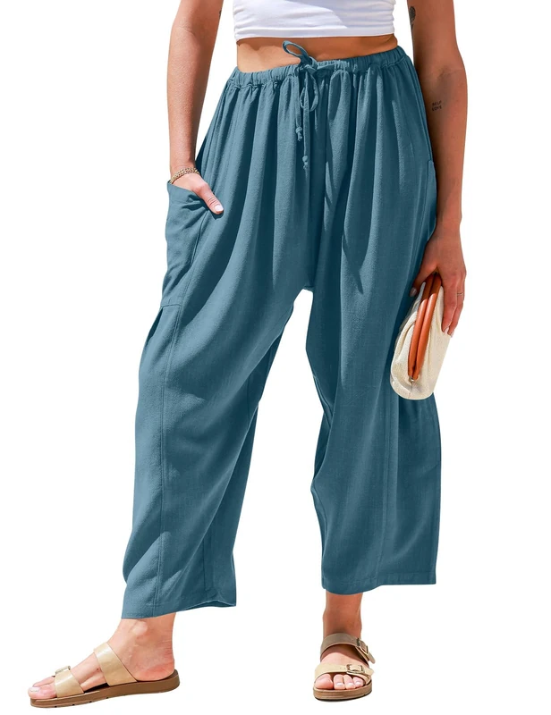 Tarse Womens Linen Wide Leg Pants Casual Loose Drawstring Summer Beach Travel Vacation Palazzo Harem Pants with Pockets, Lake Blue, M