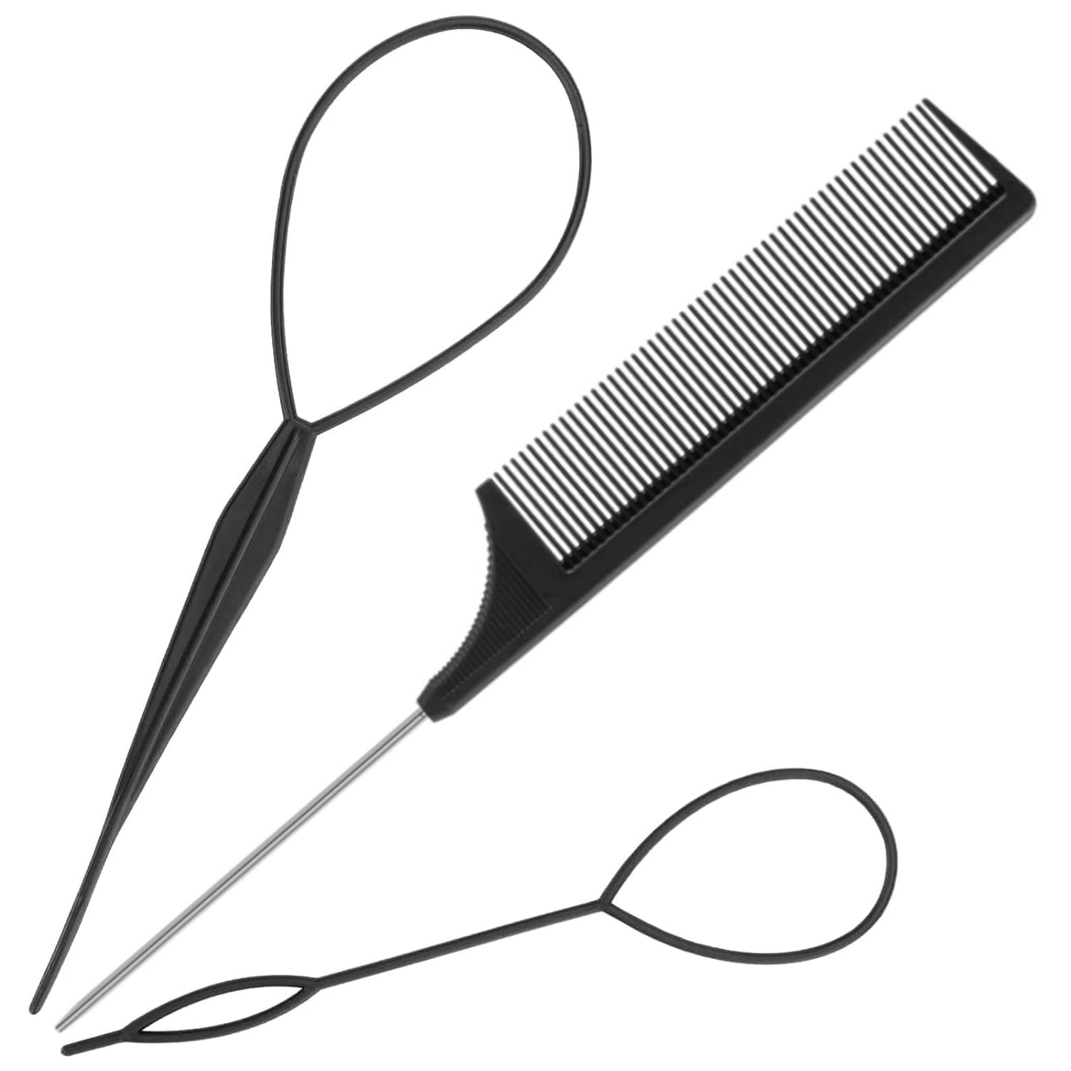3pcs Topsy Tail Hair Tool, Hair Braiding Tool French Braid Loop Tool, Rat Tail Comb Fast Hair Styling Accessories (Black)