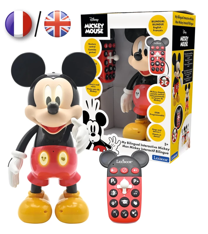 LEXIBOOK - Disney - Bilingual Mickey Robot - English/French, 100 educational quizzes, light effects, dance, programmable, articulated, Black/red - MCH01i1