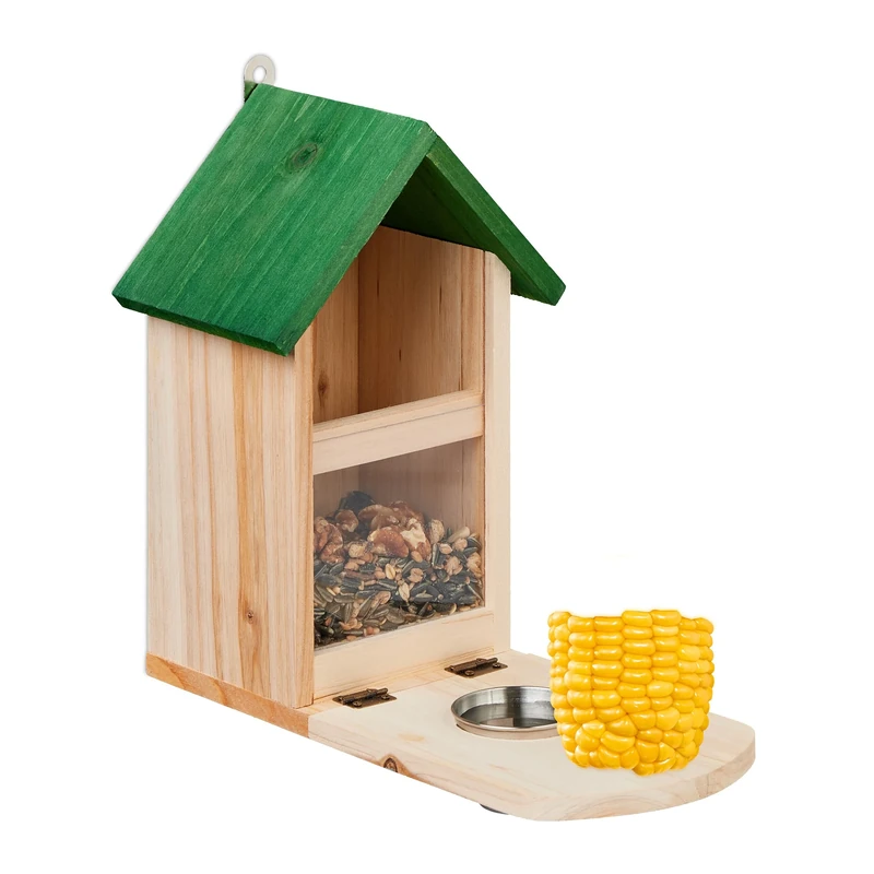 Relaxdays Squirrel Feeder, Wooden, Nut & Seed Silo with Corn Cob Holder, Feeding Platform, Water Bowl, Natural/Green