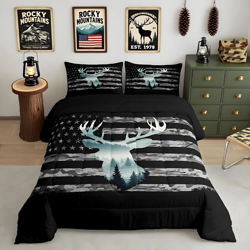 Feelyou Queen Camo Deer Hunting Bedding Set for Kids with 2 Pillow Cases, Forest Smoky American Flag Duvet