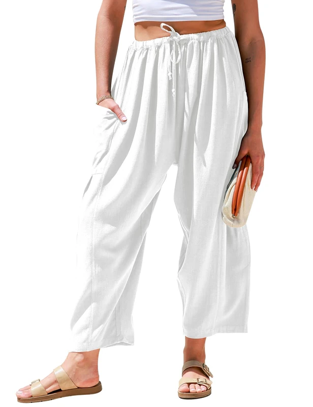 TARSE Womens Linen Wide Leg Pants Casual Loose Drawstring Low Waist Beach Palazzo Harem Pants with Pockets, White, Large