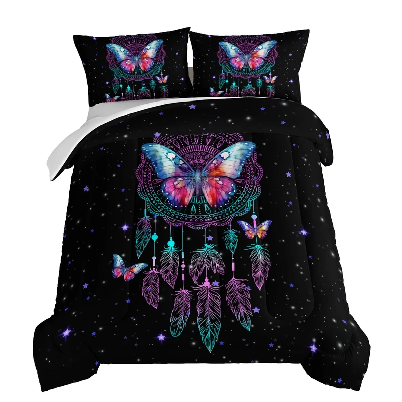 HOSIMA Dream Catcher Tween Bedding Sets for Girls,Butterfly Feather Dream Stories Comforter Set Kidcore Room Decor Aesthetic Galaxy Starry Black Boho Comforter Set Queen Size with 2 Pillowcases.