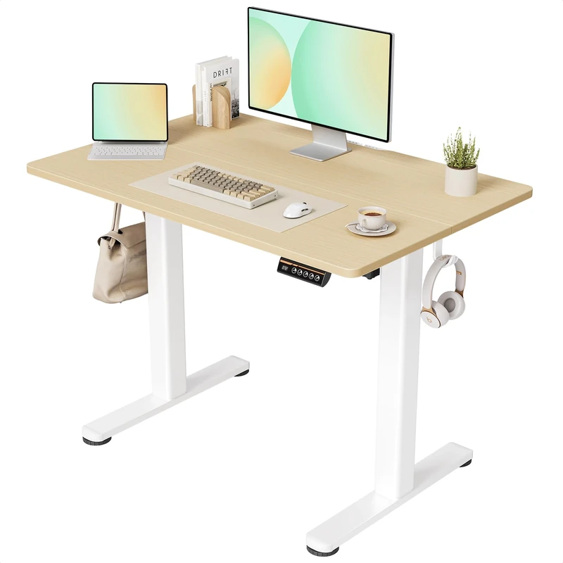 Claiks Electric Standing Desk, Adjustable Height Stand up Desk, 100x60 cm Sit Stand Home Office Desk with Splice Board, White Frame/Nature Top
