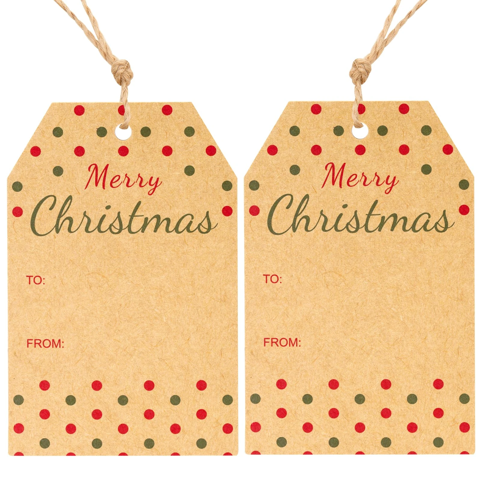 G2PLUS Merry Christmas Tags for Presents, 50PCS Brown Christmas Tags with String, 8.5x5.5 CM Xmas Wrapping Labels with Dots for Presents Wrapping Decoration