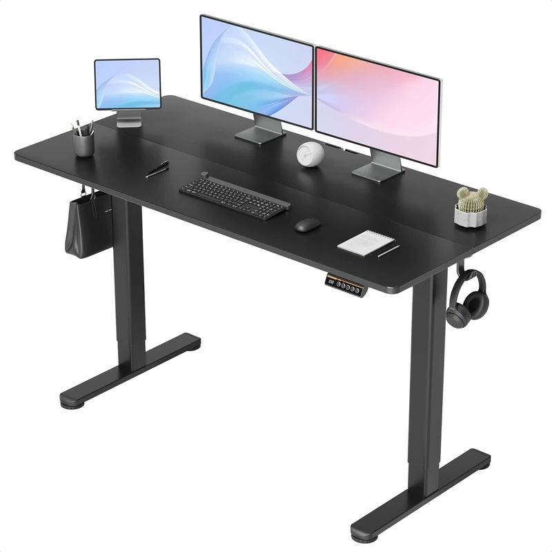 Claiks Electric Standing Desk, Adjustable Height Stand up 140x60 cm Sit Stand Home Office Desk with Splice Board, Black Frame/Black Top