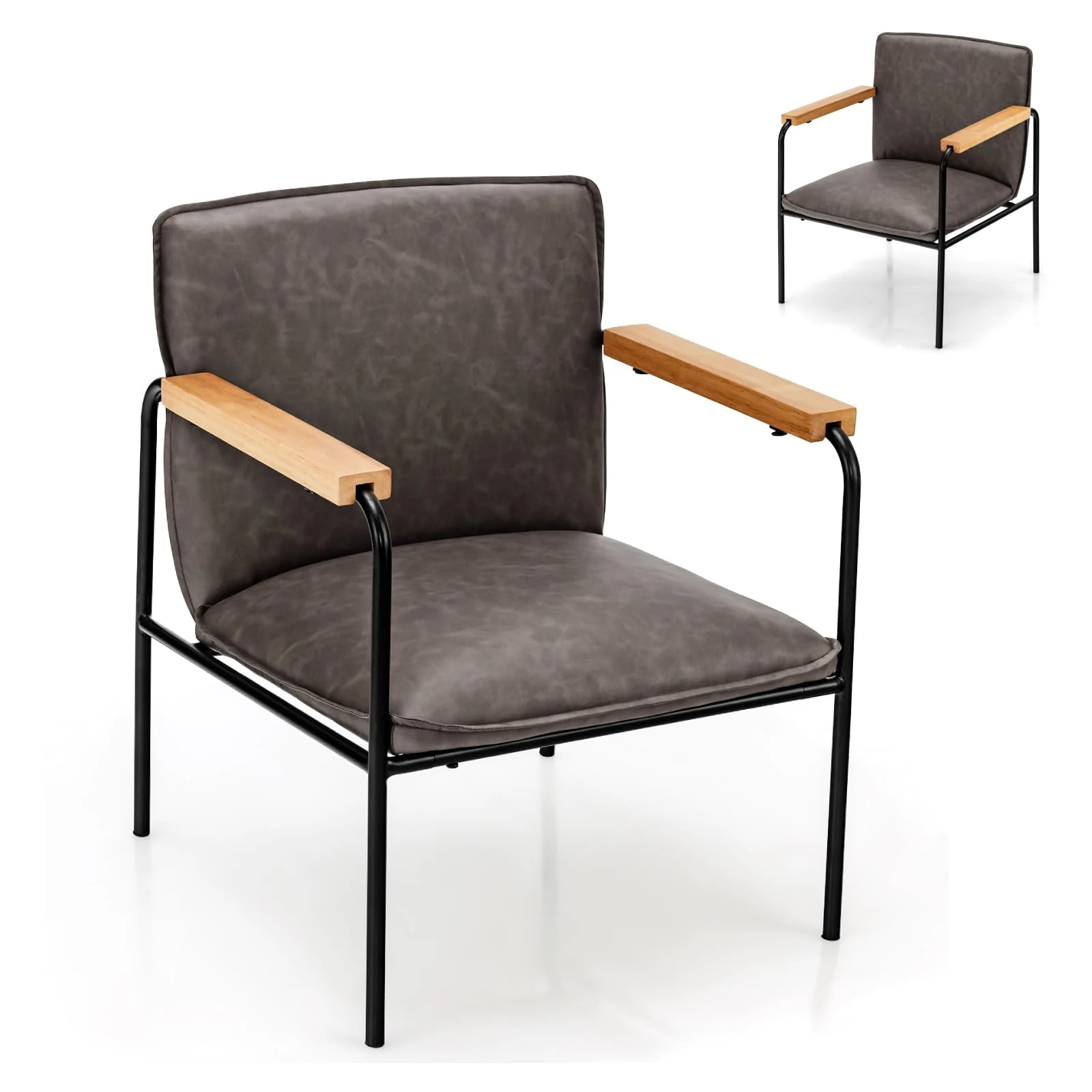 Multigot Accent Armchair, PU Leather Padded Leisure Couch with Rubber Wood Armrest, Modern Metal Frame Single Sofa Chair for Living Room Bedroom Office (Grey)