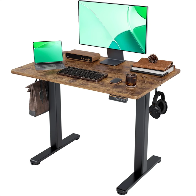 Claiks Electric Standing Desk, Adjustable Height Stand up Desk, 100x60 cm Sit Stand Home Office Desk with Splice Board, Black Frame/Brown Top