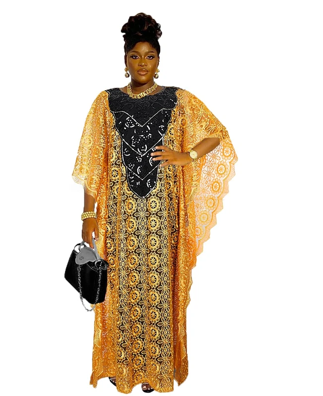 HD Womens African Lace Kaftan Dress Embroidery V Neck Evening Party Gown One Size with Matching Headwrap, Yellow77, One Size