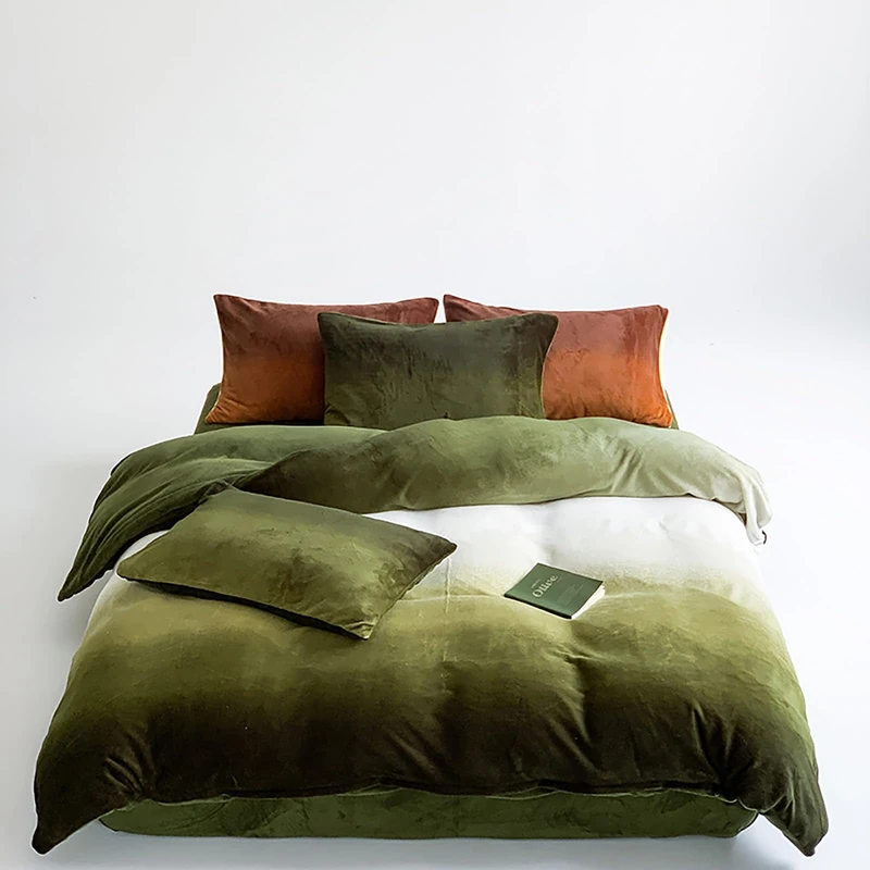 Luxlovery Green Gradient Velvet Comforter Full Fluffy Plush Flannel Bedding Set Full Men Women Army Green White Winter Warm Blanket Quilts Thick Abstract Modern Sherpa Micromink Comforter Set