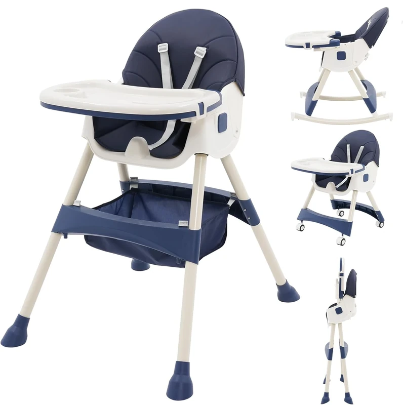 High Chair Adjustable Folding Baby Chair with Multiple Height and 3 Position Backrest 3in1 Convertible High Chair Sturdy Portable Travel Friendly Highchair
