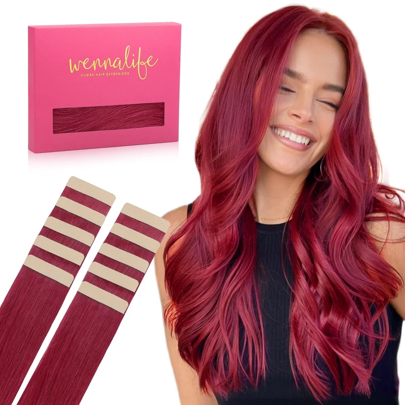 WENNALIFE Tape in Hair Extensions Human Hair, 20inch 10pcs 30 BurgundyRed Real Human Hair Tape Extensions