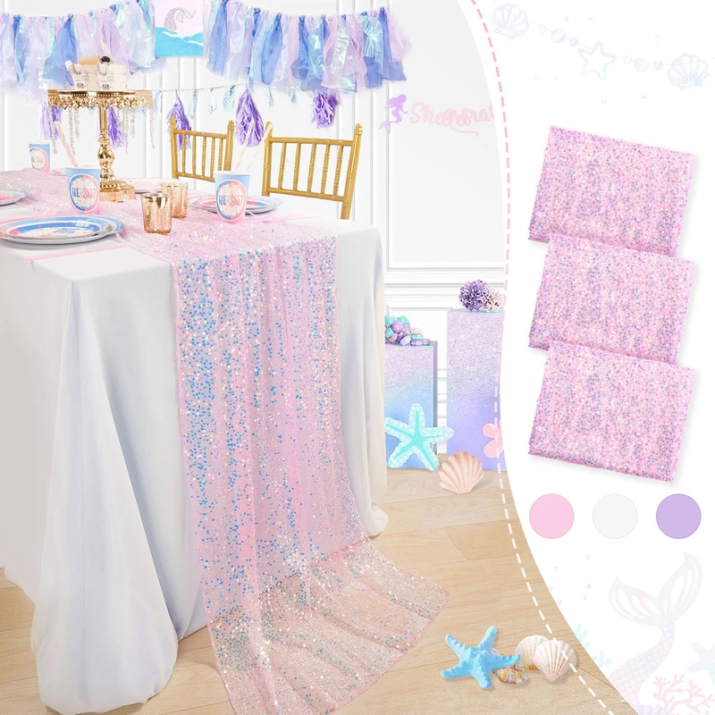 Mermaid Runner 3 Pieces Pink Table Runners 120 Inches Long Sequin Fabric for Girls Mermaid Birthday Decorations