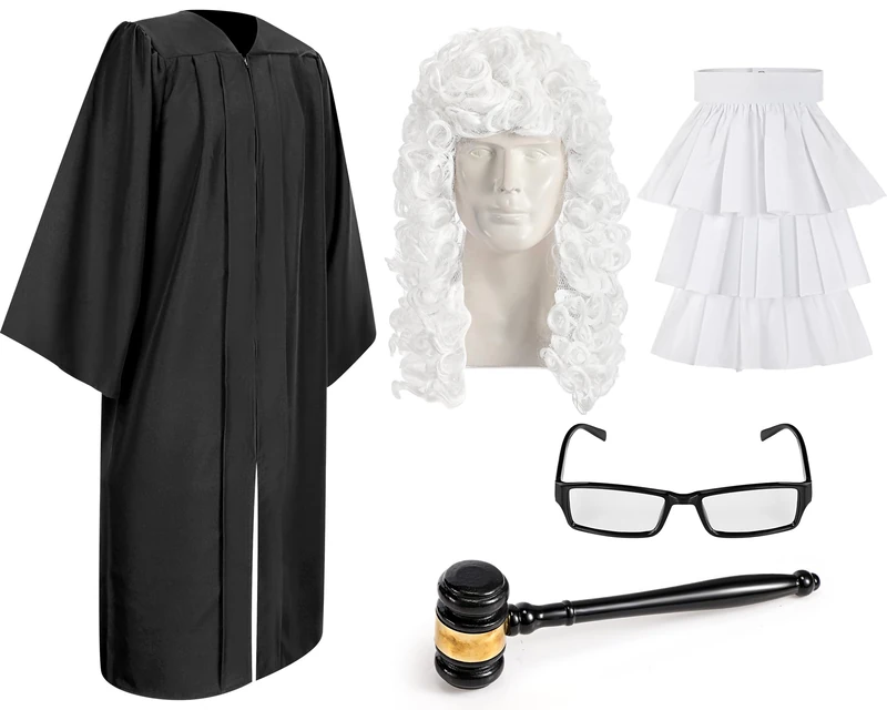 Hillban 5 Pcs Halloween Judge Costume Accessory Judge Robe False Collar Wooden Gavel Wig and Glasses for Halloween Cosplay, Fabric Collar, Adult size