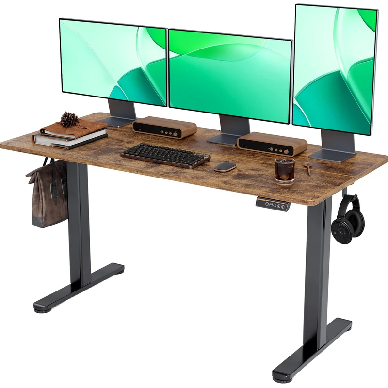 Claiks Electric Standing Desk, Adjustable Height Stand up Desk, 140x60 cm Sit Stand Home Office Desk with Splice Board, Black Frame/Brown Top