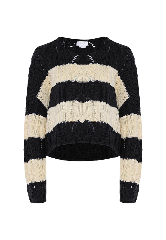 Blonda Women's Turtleneck Pullover with Crew Neck and Colour Block Stripes Wool White Black Size Xs/S Sweater