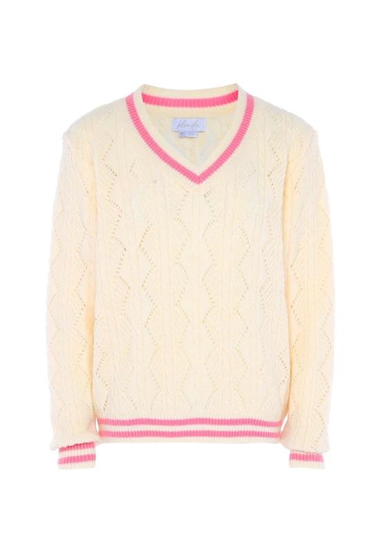 Blonda Women's Retro Knitted Jumper with V Crew Neck in Contrasting Colour Wool White, Size XL Pullover Sweater