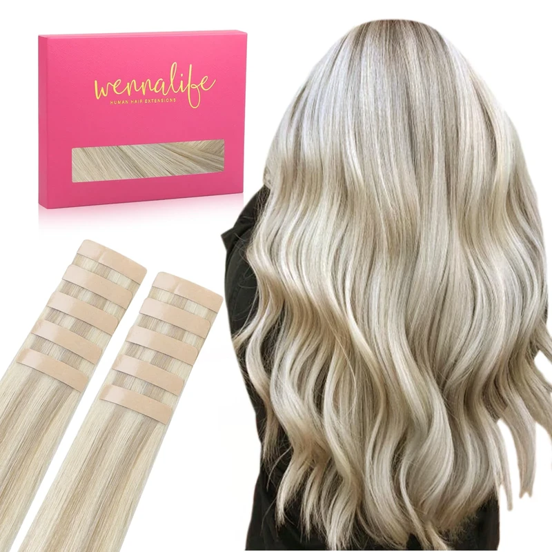 WENNALIFE Tape in Hair Extensions Human Hair, 20inch 10pcs 30 Ash Blonde Highlighted Platinum Blonde Real Human Hair Tape Extensions