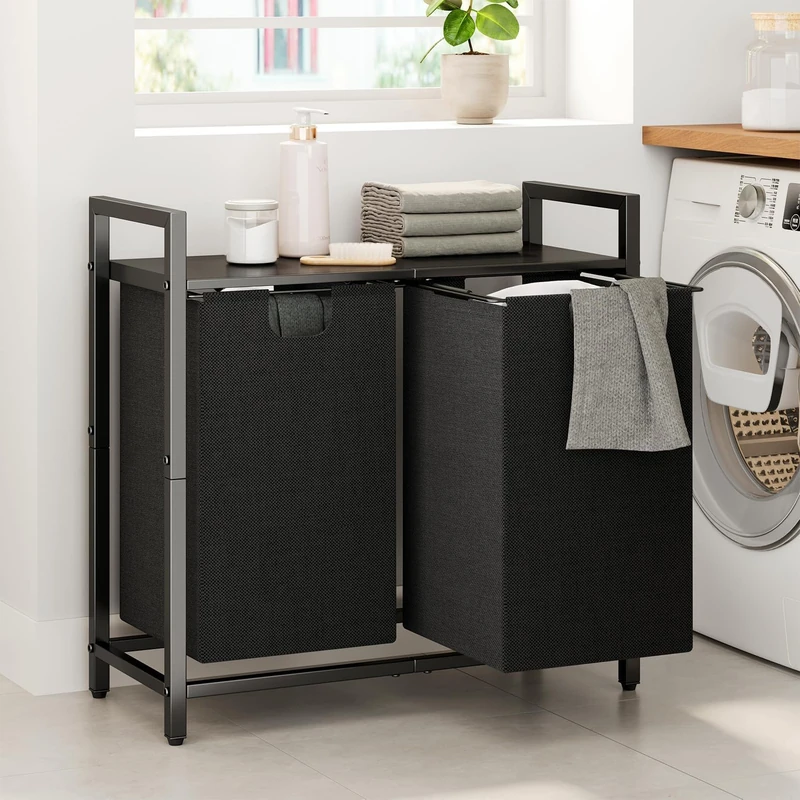 Kitstorack Laundry Basket Organizer, Laundry Hamper with Shelf & 2 Pull-Out Removable Bags, Dirty Clothes Hamper Organizer for Laundry Room Bathroom and Dorm, 2 x 11.8 gallons (44.5L)