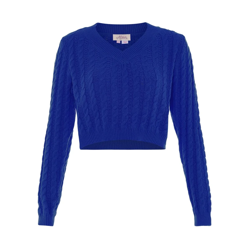 aleva Women's Damen Kurzer Pullover mit V-Ausschnitt und Twist-Strick Königsblau Größe M/L Sweater, Royal, M