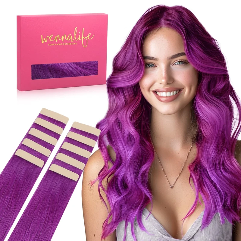 WENNALIFE Tape in Hair Extensions Human Hair, 20inch 10pcs 30 Purple Real Human Hair Tape Extensions