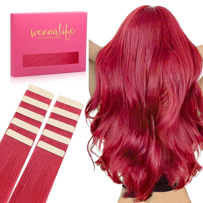 WENNALIFE Tape in Hair Extensions Human Hair, 20inch 10pcs 30 Red Real Human Hair Tape Extensions