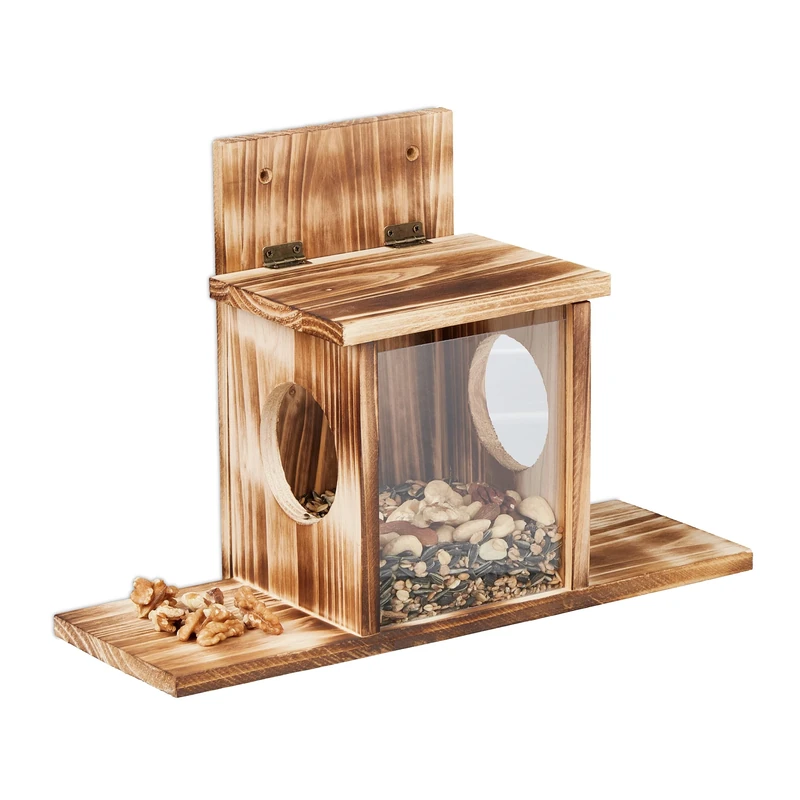Relaxdays Squirrel Feeder, Wooden, 2 Entrances & Standing Platform, Feeding Station, Nut & Seed Dispenser, Natural, Wood, 24 x 35 x 13 cm