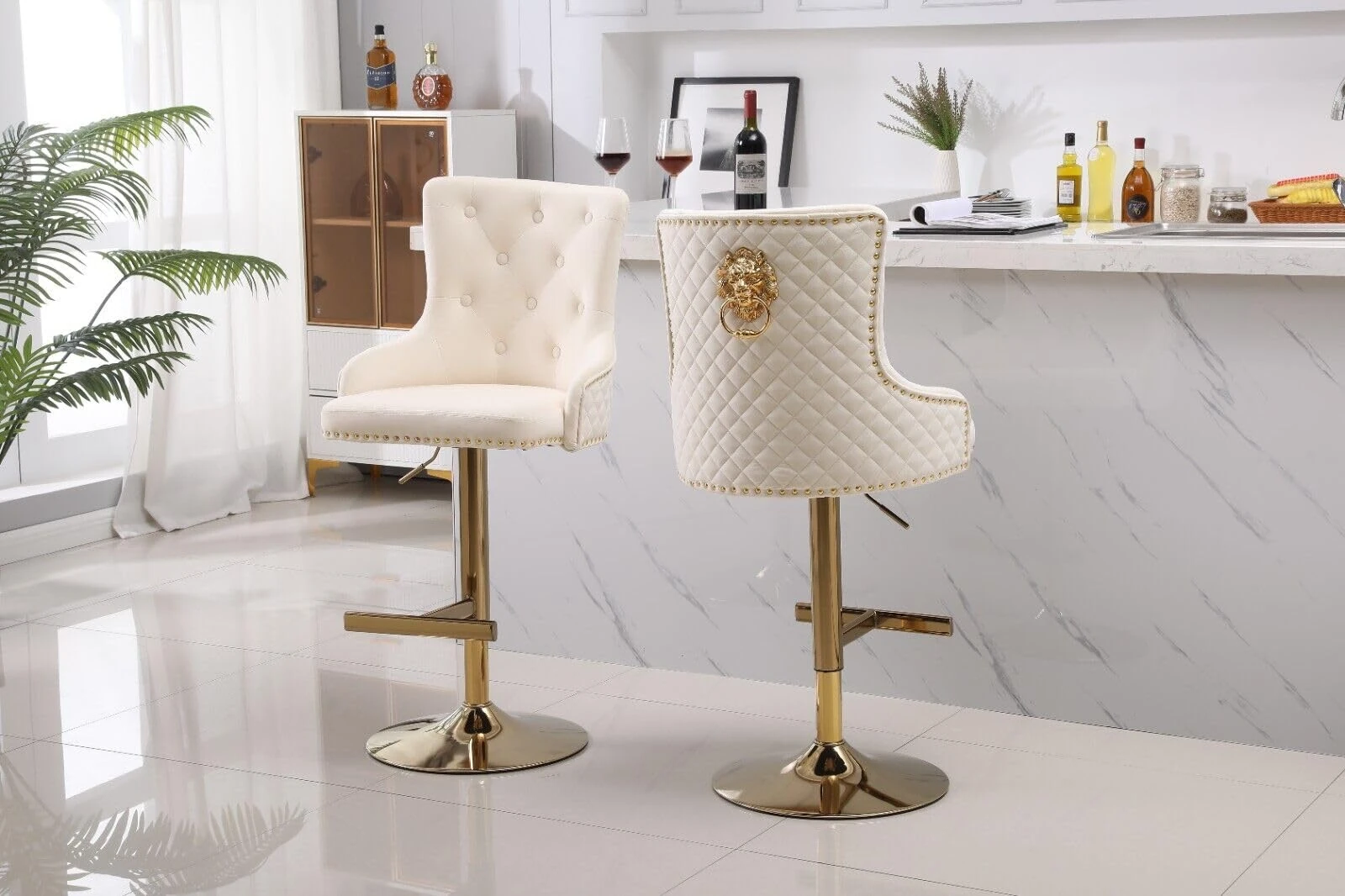 HYGRAD BUILT TO SURVIVE Luxury Velvet Bar Stools Adjustable Height Kitchen Breakfast Chairs With Lion Pull Ring Tufted Back,Velvet Swivel Barstools Counter Stool for Kitchen Island,Pub,Bar (2, Cream)