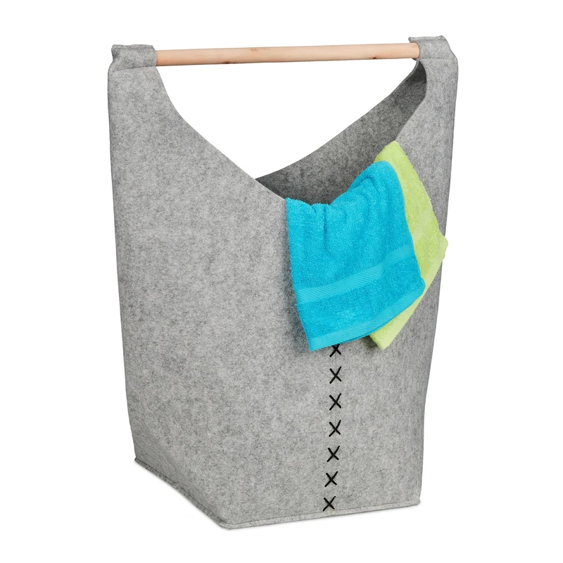 Relaxdays Laundry Bin Made of Felt, 50 l, Bag for Bathroom, Bedroom, etc, Handle for Carrying, Foldable, Light Grey, 68 x 62 x 34.5 cm