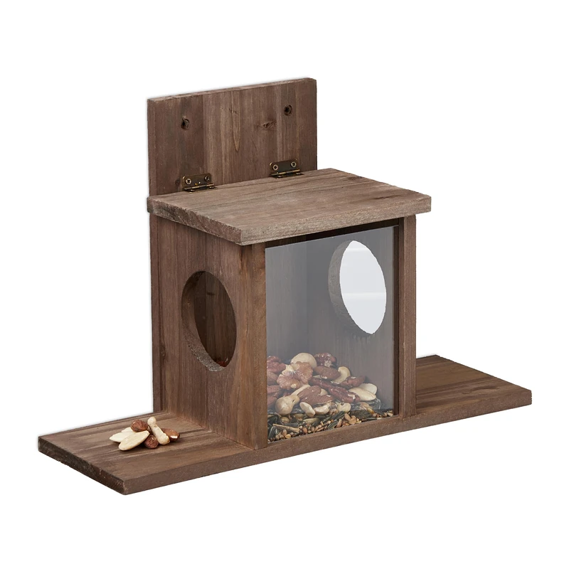 Relaxdays Squirrel Feeder, Wooden, 2 Entrances & Standing Platform, Feeding Station, Nut & Seed Dispenser, Brown - Image 1