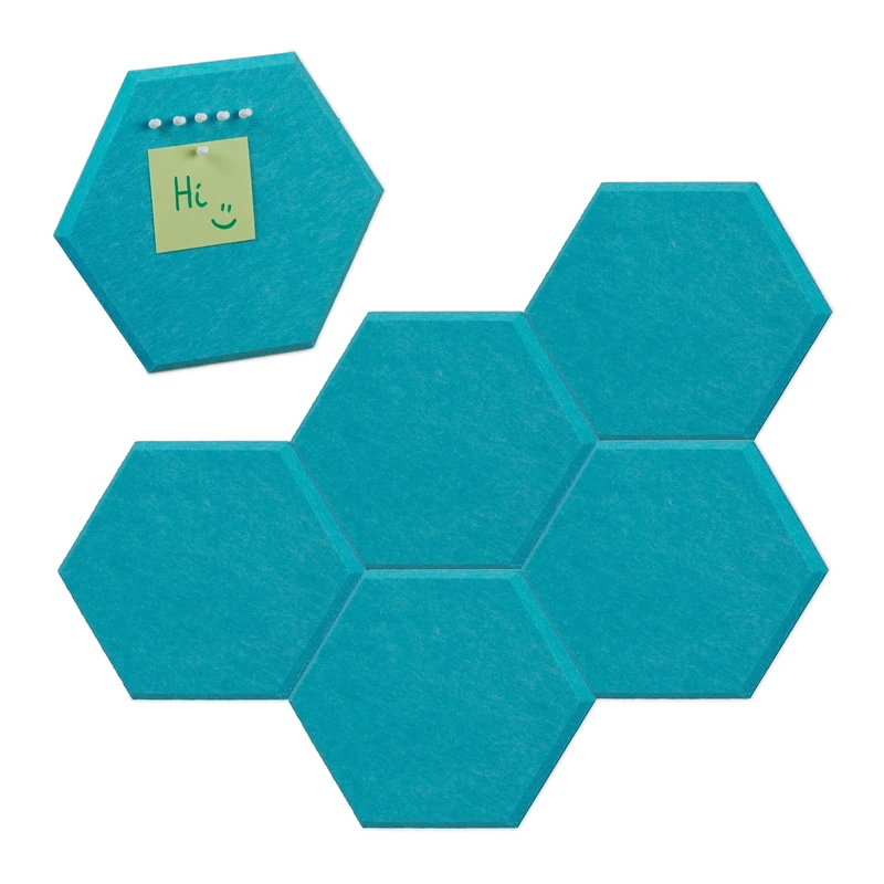 Relaxdays Felt Pin Boards, Set of 6, Self-Adhesive, Hexagonal, 26 x 30 x 0.9 cm, Bulletin, Notice, with Push Pins, Blue