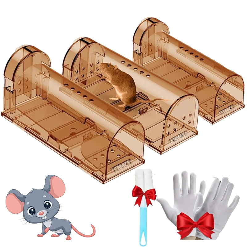 UFLIX 3pcs Humane Mouse Traps, Reusable Mouse Trap for Indoors and Outdoors With Cage Brush, Rodent Trap High Sensitive No Kill (Brown), H1234