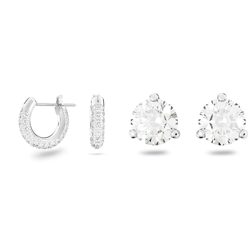 Swarovski Stone hoop earrings, Small, White, Rhodium plated & Solitaire stud earrings, Round cut, White, Rhodium plated