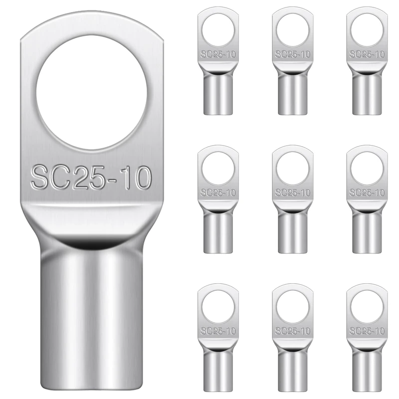 10 Pcs Cable Lugs M10, Hanibos SC25-10 Copper Tube Battery Cable Ends Lugs Battery Terminals Connectors Tinned Copper Crimp Lugs