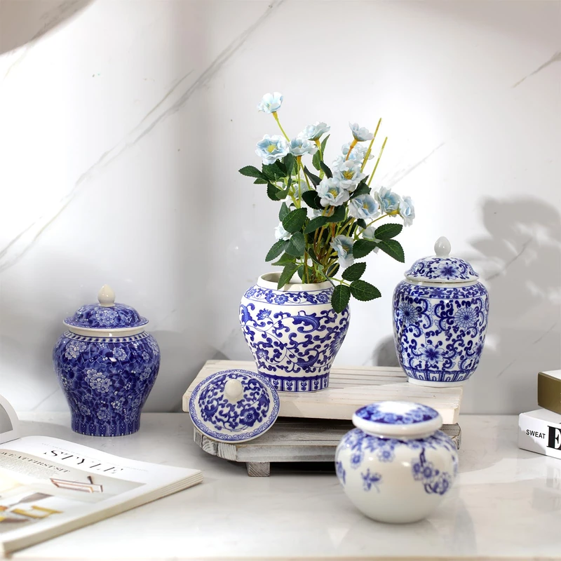 Hushee Small Blue and White Vase Porcelain Vases Blue Chinoiserie Decor Porcelain Ginger Jars for Home Chinoiserie Decor for Bedroom Table Accent Shelf Tabletop(Classic,4 Pcs)