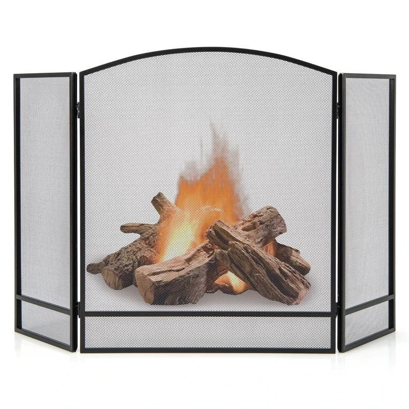 COSTWAY 3 Panel Folding Fire Guard, Large Fireplace Screen Fence with Flexible Hinges, Wrought Iron Mesh Spark Fire Panels for Wood and Coal Firing, Stoves, Grills (No Pattern, 123 x 74cm)