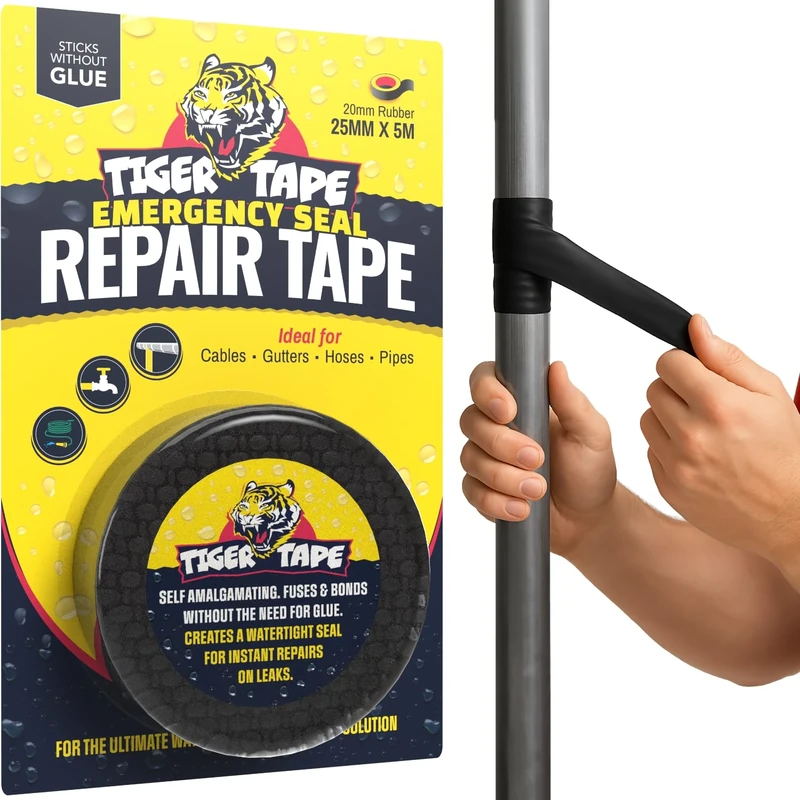 Tiger Tape® Emergency Self-Fusing Plumbers Repair Tape – Waterproof, Self-Amalgamating & Self-Bonding – Stops Leaks Fast | Ideal for Plumbing, Electrical, Automotive & Marine Use – Black, 25mm x 5m