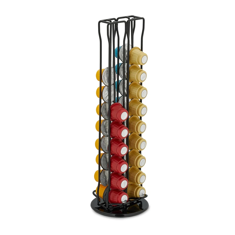 Relaxdays Capsule Holder Compatible with Nespresso, Organising 40 Pods, Rotating Metal Stand, HxØ: 37 x 11.5 cm, Black, Iron, 37 x 11.5 x 11.5 cm