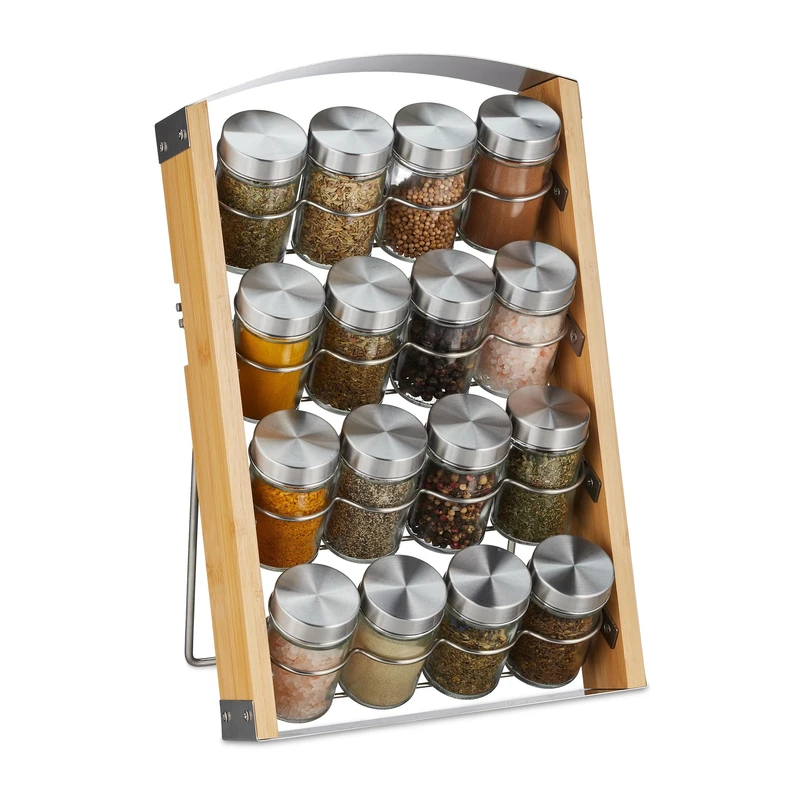 Relaxdays Spice Rack, Free Stand, with 16 Jars, HxWxD: 37 x 23.5 x 18 cm, Stainless Steel, Bamboo, Glass, Natural/Silver