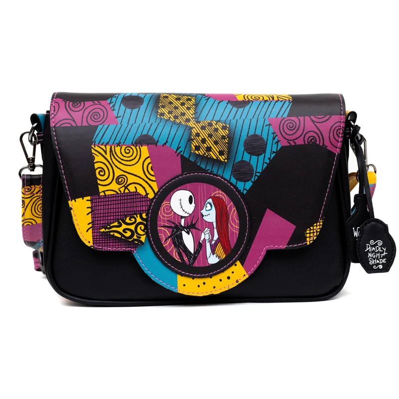 Disney Bag, Fold Over Crossbody, Nightmare Before Christmas Jack and Sally with Sally Dress, Vegan Leather, Black, 10.0" x 6.0