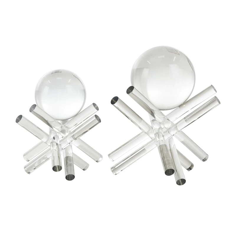 Deco 79 Crystal Abstract Decorative Sculpture Jack Inspired Home Decor Statues with Clear Resting Orbs, Set of 2 Accent Figurines 8", 7"H, Clear - Image 1
